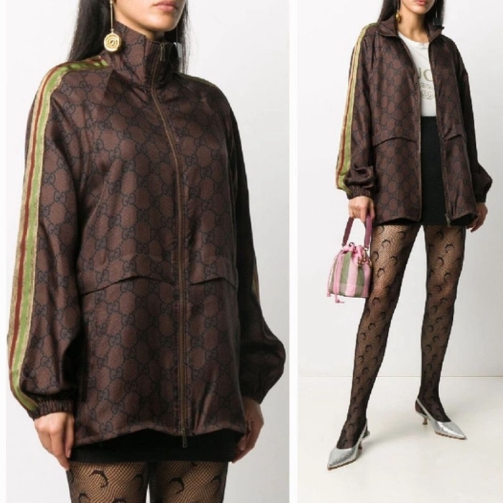 GUCCI Brown GG Print Silk Zip-Up Jacket with Gold Stripe – Size L